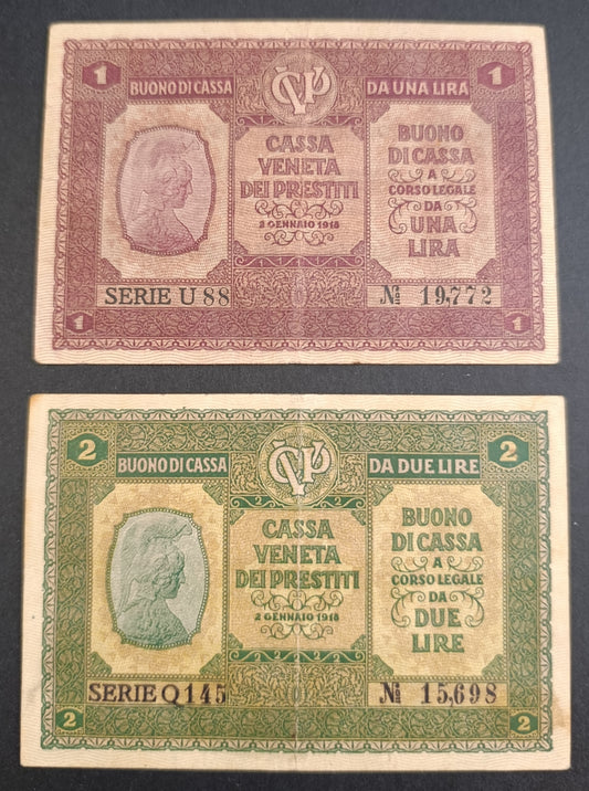 LOTTO BANCONOTE ITALIANE 1 E 2 LIRE CASSA VENETA DEI PRESTITI 02/01/1918 - Numismatica_ita