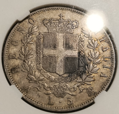 5 LIRE 1865 NAPOLI CCG VF35 SCUDO VITTORIO EMANUELE II RARA MONETA IN ARGENTO