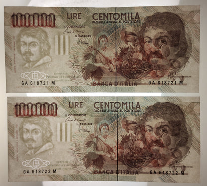 100000 LIRE CARAVAGGIO 1° TIPO LETTERA A 25/10/1983 CONSECUTIVE DA MAZZETTA SUP