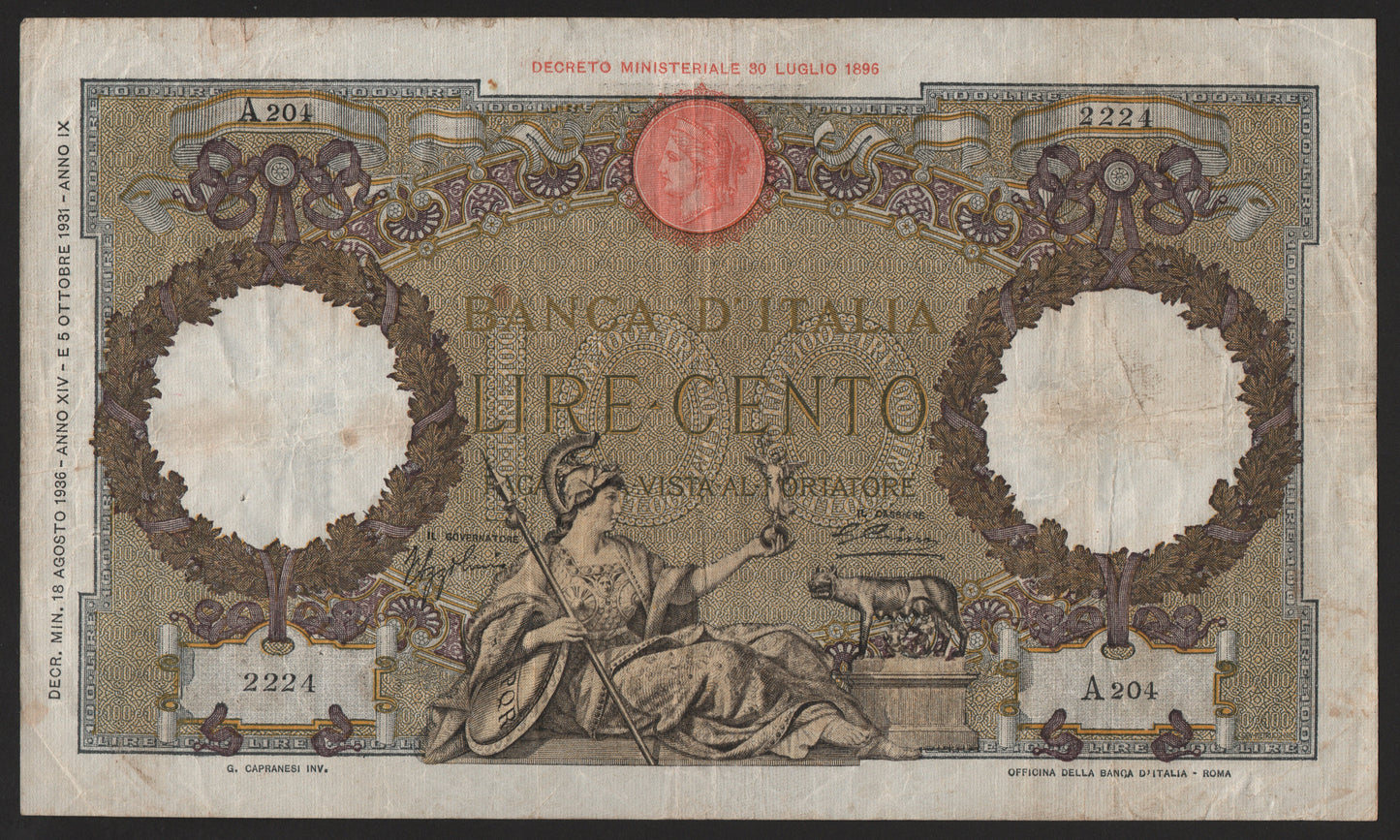 100 LIRE ROMA GUERRIERA (FASCIO) PRIMA BANCONOTA IMPERIALE 18/08/1936 BB