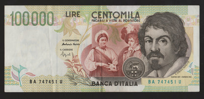 100000 LIRE CARAVAGGIO 2° TIPO LETTERA A 12/05/1994 qSPL