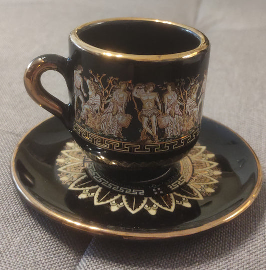 TAZZA E PIATTINO IN CERAMICA NERA E DETTAGLI IN ORO 24K - FATTO A MANO IN GRECIA