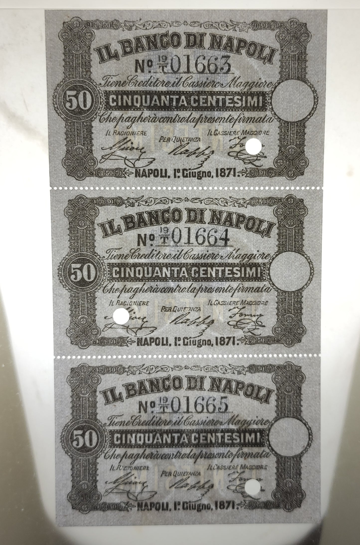 50 CENTESIMI BANCO DI NAPOLI ANNULLATO USO CAMPIONE 01/06/1871 CONSECUTIVE FDS