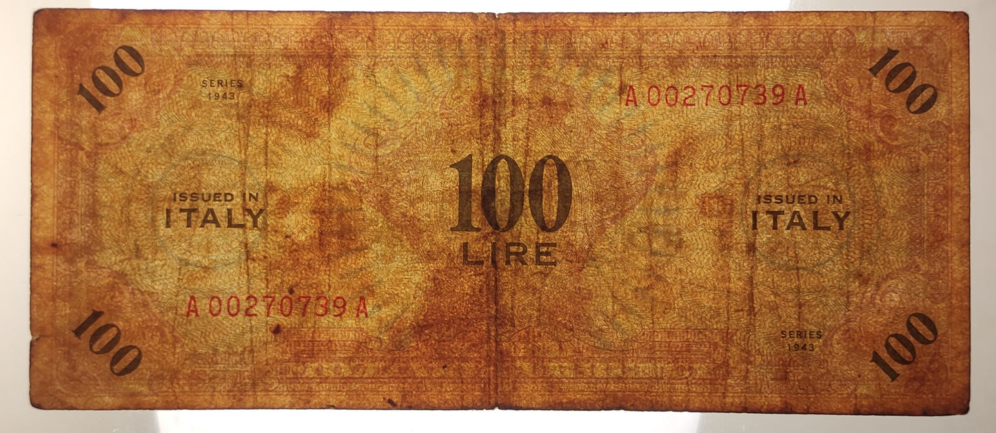 100 LIRE AM MONOLINGUA B.E.P. 1943 OCCUPAZIONE AMERICANA IN ITALIA qBB