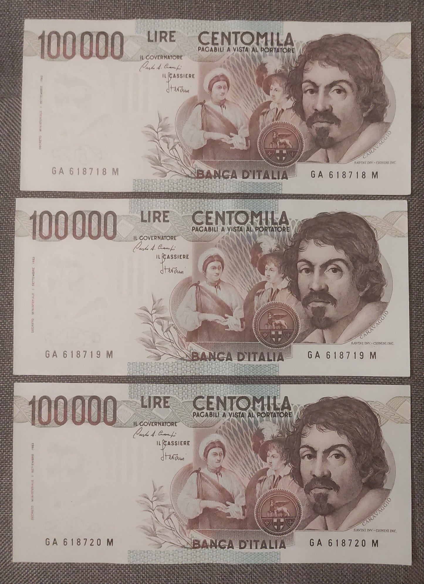 100000 LIRE CARAVAGGIO 1° TIPO LETTERA A 25/10/1983 CONSECUTIVE DA MAZZETTA SUP