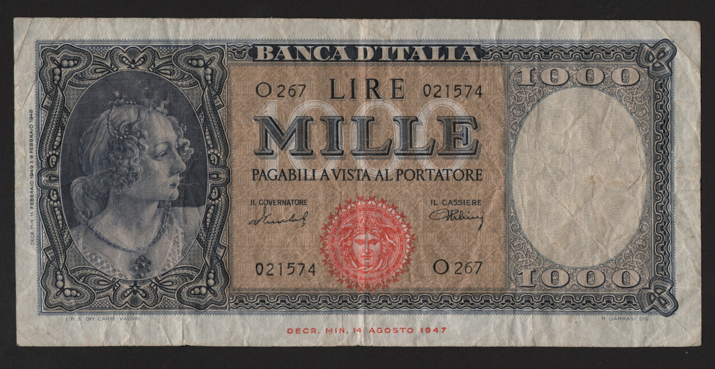 1000 LIRE ITALIA ORNATA DI PERLE (MEDUSA) 11/02/1949 BB