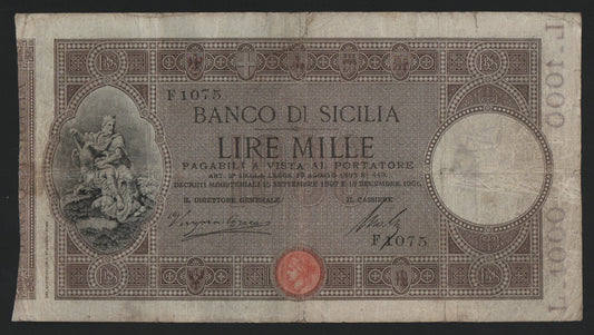 1000 LIRE BANCO DI SICILIA 2° TIPO 18/12/1901 R5 qBB