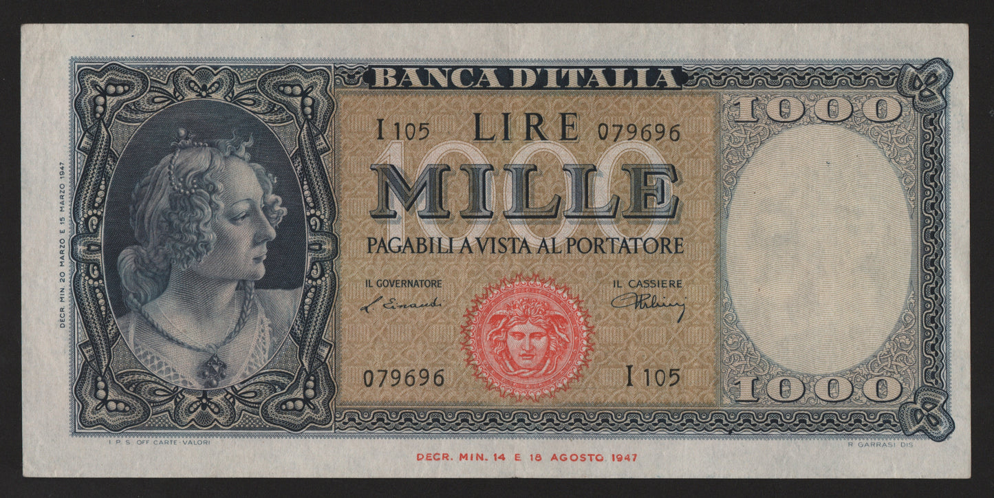 1000 LIRE ITALIA ORNATA DI PERLE (MEDUSA) 20/03/1947 BB+