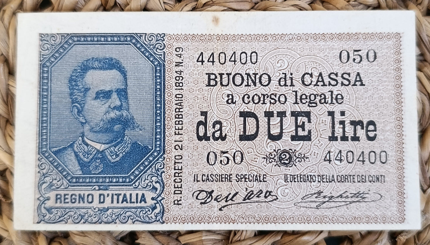BUONO DI CASSA DA 2 LIRE UMBERTO I 15/02/1897 R3 SPL
