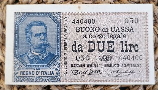 BUONO DI CASSA DA 2 LIRE UMBERTO I 15/02/1897 R3 SPL