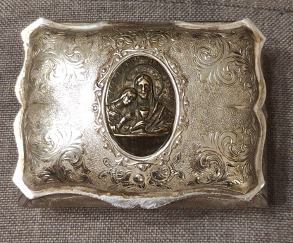 COFANETTO METALLICO ANTICO MOTIVI FLOREALI E SCENA RELIGIOSA DA COLLEZIONE