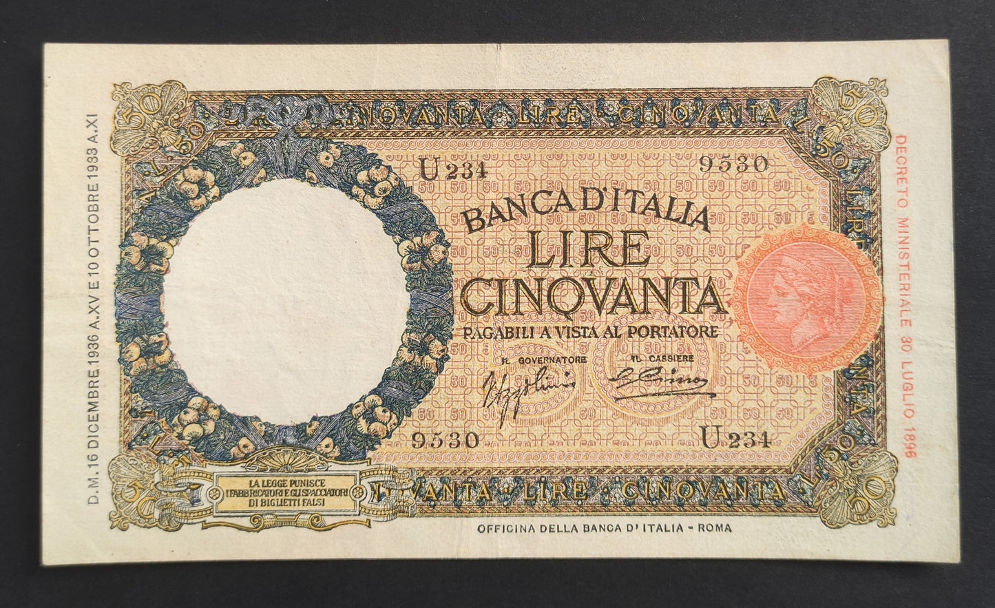 50 LIRE LUPETTA (FASCIO) ROMA - 1° TIPO 16/12/1936 (BB+) - Numismatica_ita