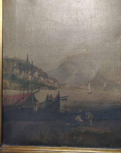 QUADRO ANTICO OLIO SU TELA – PAESAGGIO MARINO CON CASTELLO - XIX SECOLO 84x64 CM