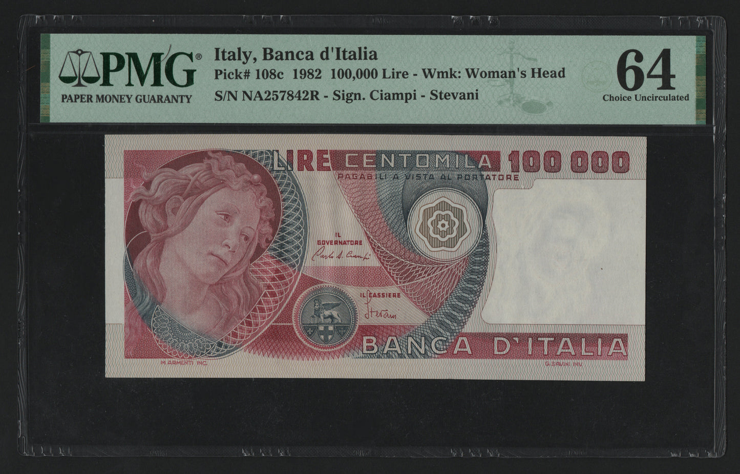 100000 LIRE BOTTICELLI 10/05/1982 PMG 64 qFDS