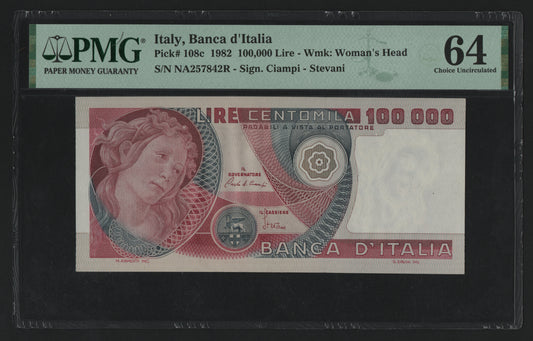 100000 LIRE BOTTICELLI 10/05/1982 PMG 64 qFDS