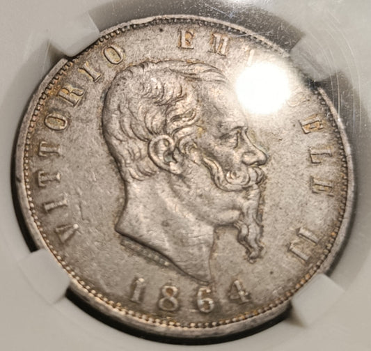 5 LIRE 1864 NAPOLI CCG VF30 SCUDO VITTORIO EMANUELE II RARA MONETA IN ARGENTO