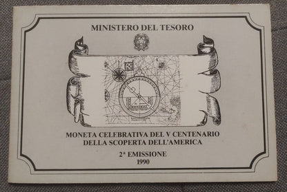 500 LIRE 1990 IPZS 500 ANNI DALLA SCOPERTA DELL' AMERICA - MONETA IN ARGENTO FDC