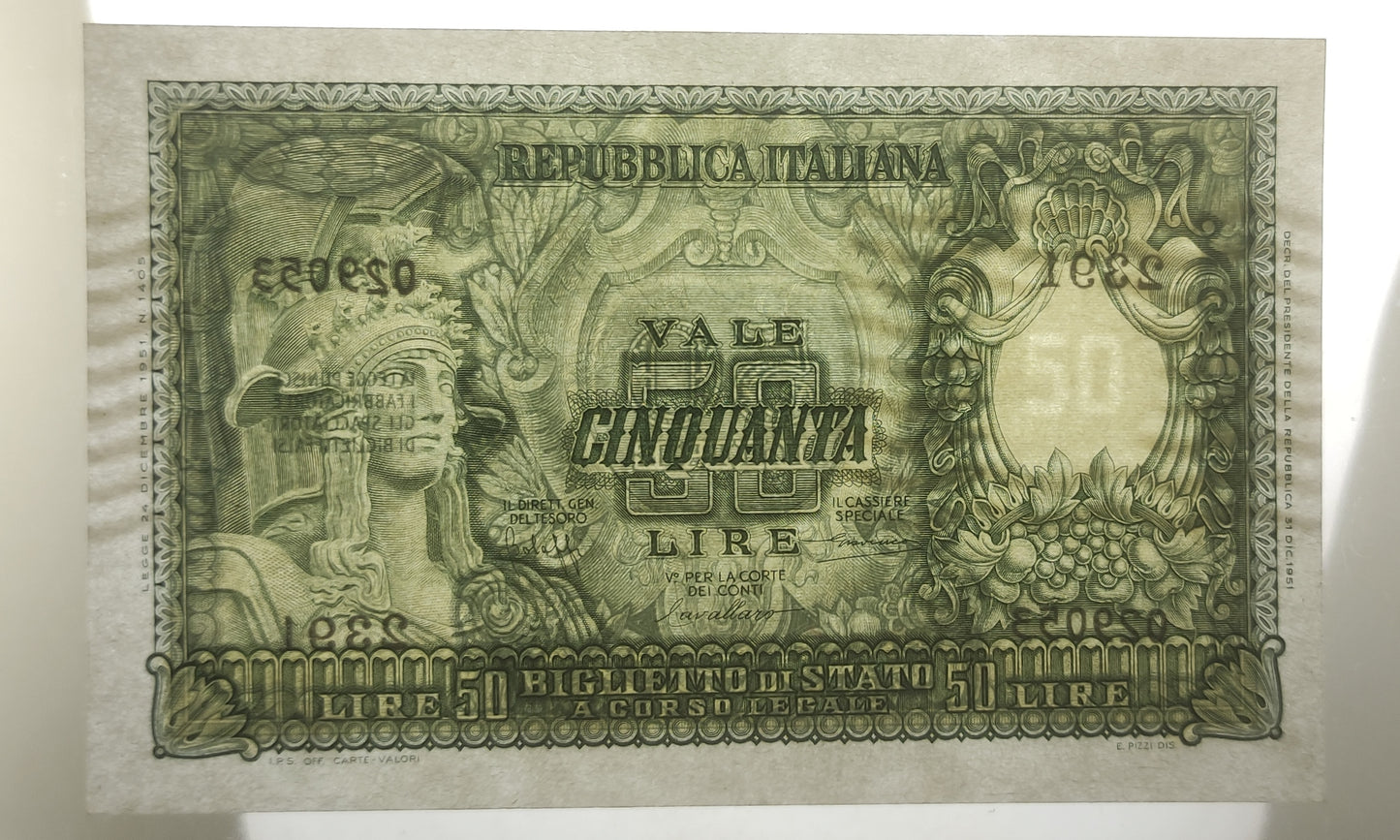 50 LIRE ITALIA ELMATA 31/12/1951 FDS