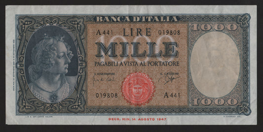 1000 LIRE ITALIA ORNATA DI PERLE (MEDUSA) 25/09/1961 BB+