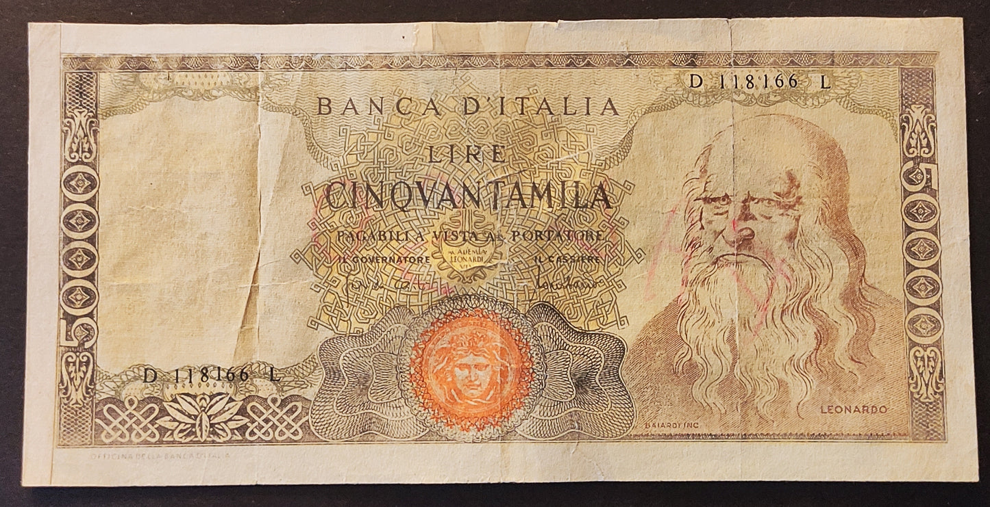 50000 LIRE LEONARDO DA VINCI FALSO D'EPOCA 19/07/1970 MB+