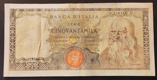 50000 LIRE LEONARDO DA VINCI FALSO D'EPOCA 19/07/1970 MB+