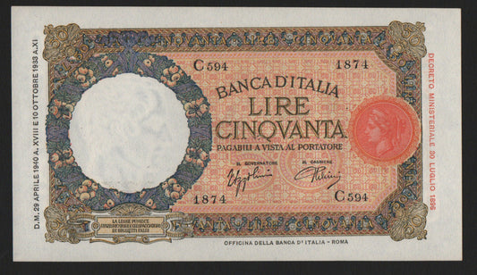 50 LIRE LUPETTA (FASCIO) ROMA 29/04/1940 FDS