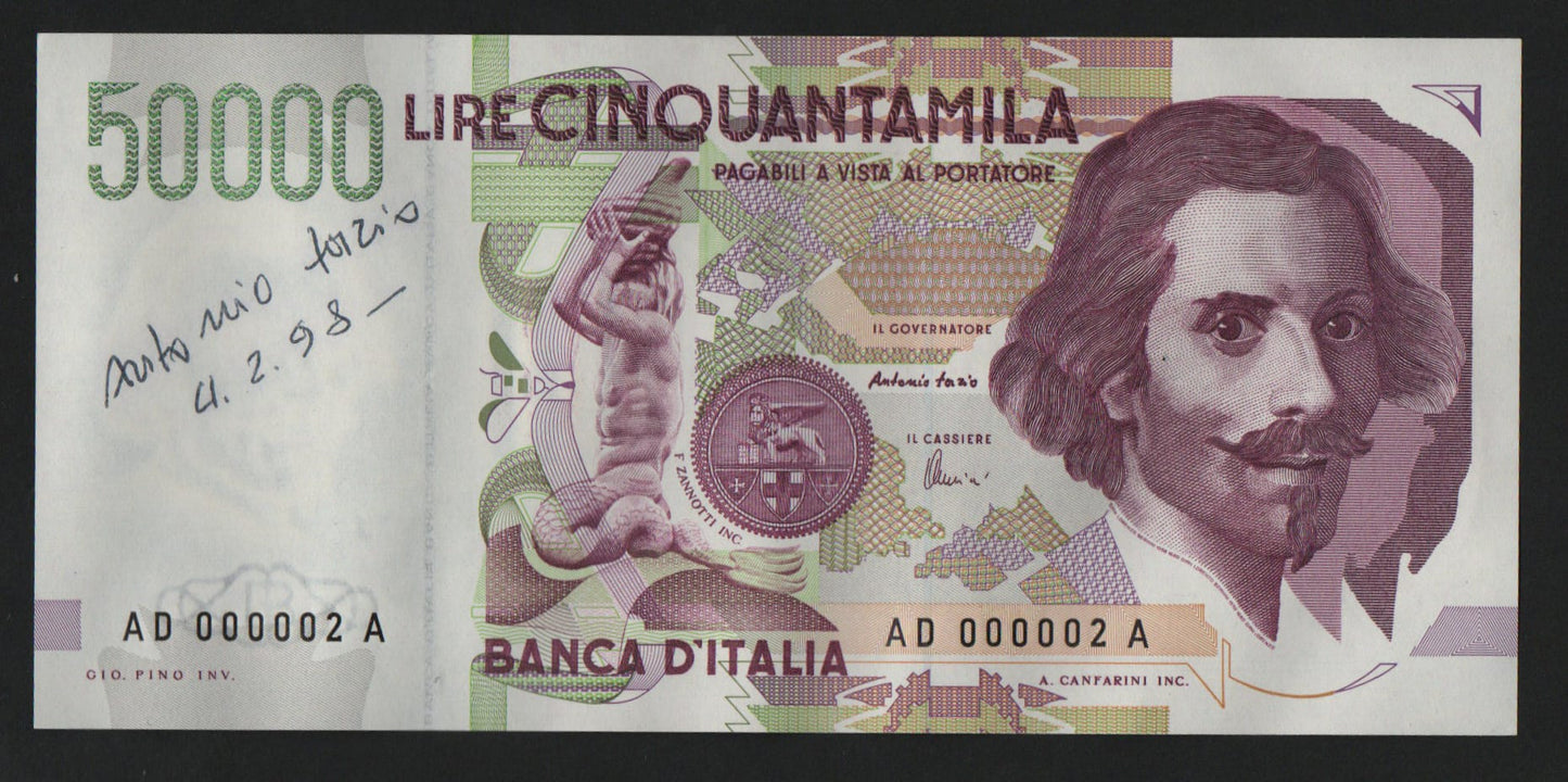 50000 LIRE BERNINI 2° TIPO NUMERI PRIMI CON AUTOGRAFO FIRMATO FAZIO GOVERNATORE SUP