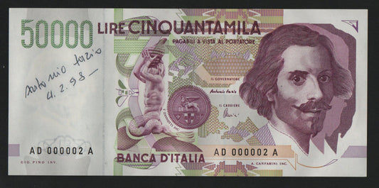 50000 LIRE BERNINI 2° TIPO NUMERI PRIMI CON AUTOGRAFO FIRMATO FAZIO GOVERNATORE SUP