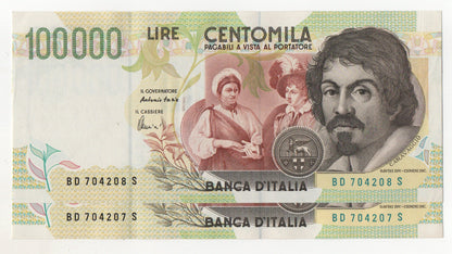 100000 LIRE CARAVAGGIO 2° TIPO LETTERA D 1997 qFDS