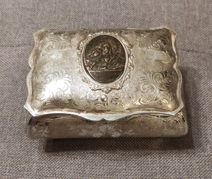 COFANETTO METALLICO ANTICO MOTIVI FLOREALI E SCENA RELIGIOSA DA COLLEZIONE