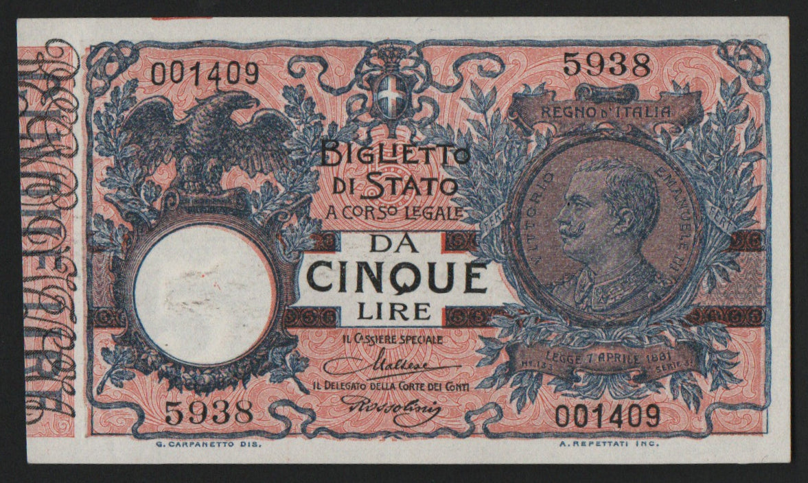 5 LIRE FLOREALE VITTORIO EMANUELE III 19/09/1923 BANCONOTA REGNO ITALIA qFDS