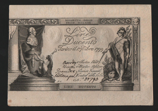 200 LIRE 01/09/1799 REGIE FINANZE DI TORINO qFDS REGNO DI CARLO EMANUELE IV - Numismatica_ita